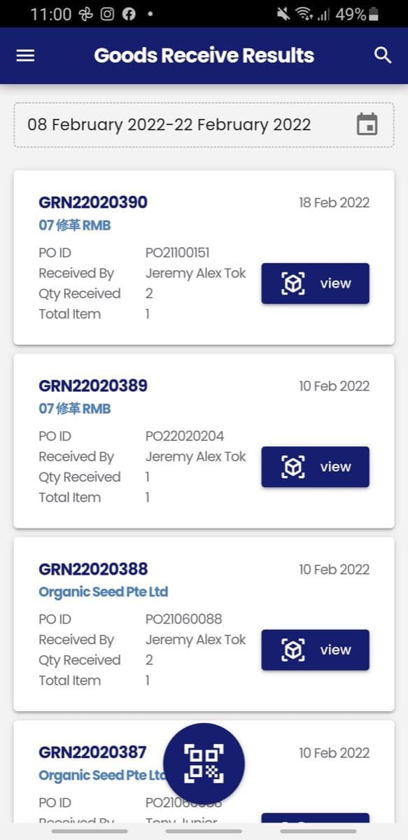 Goods Receive Results list showing GRN records with purchase order IDs, receiver, quantity and date, filtered by a date range
