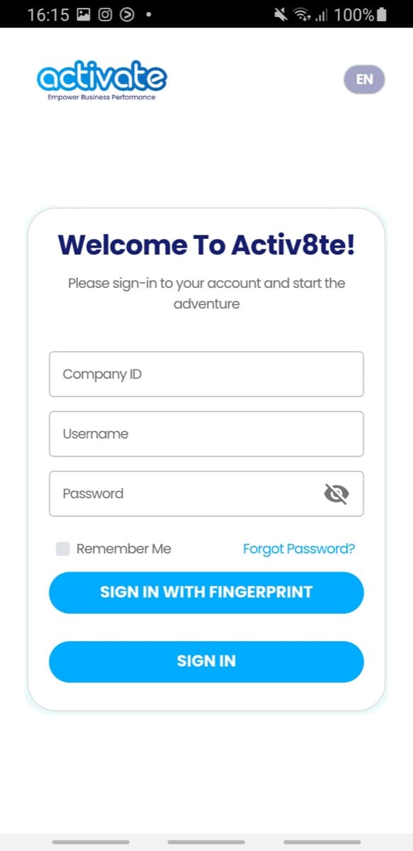 Activate ERP mobile login screen