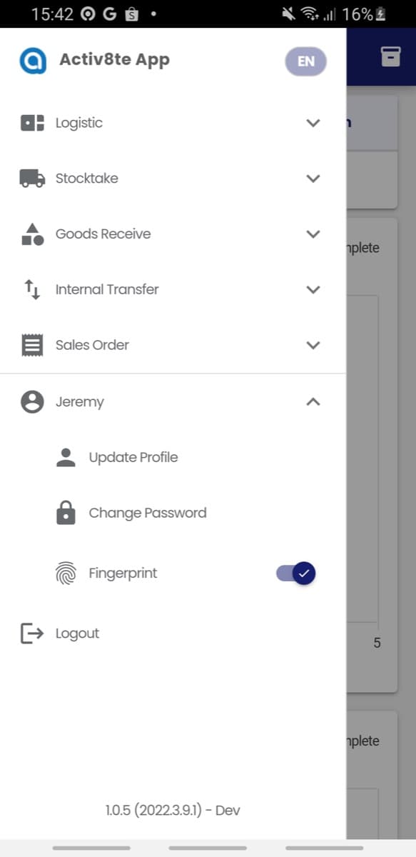 Activate ERP mobile navigation menu listing operational modules