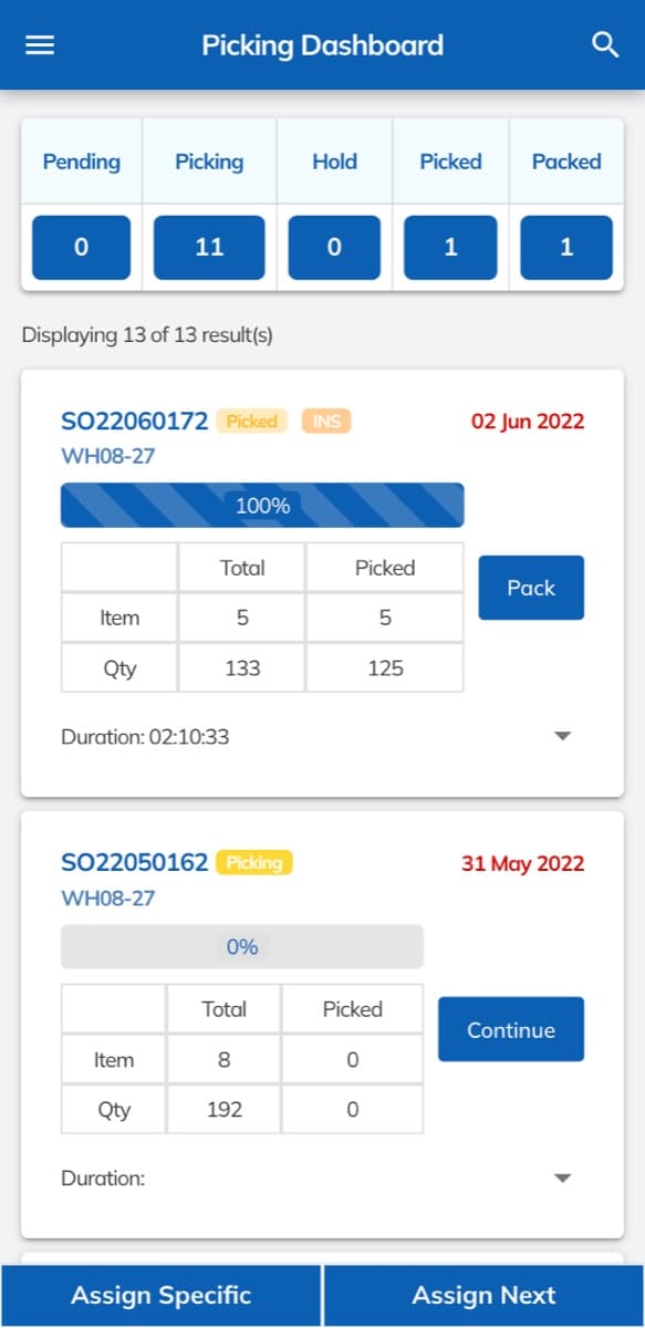 Picking dashboard in the Activate ERP mobile app