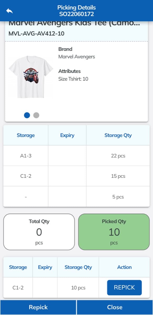 Picking detail screen listing items to collect