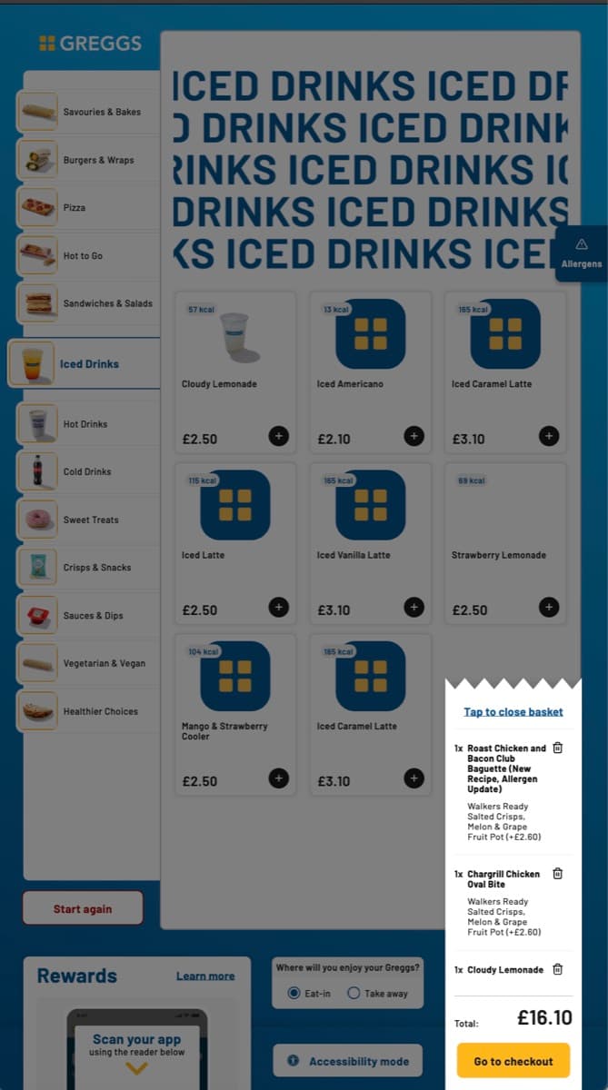 Basket screen styled as a receipt, listing selected items and the order total