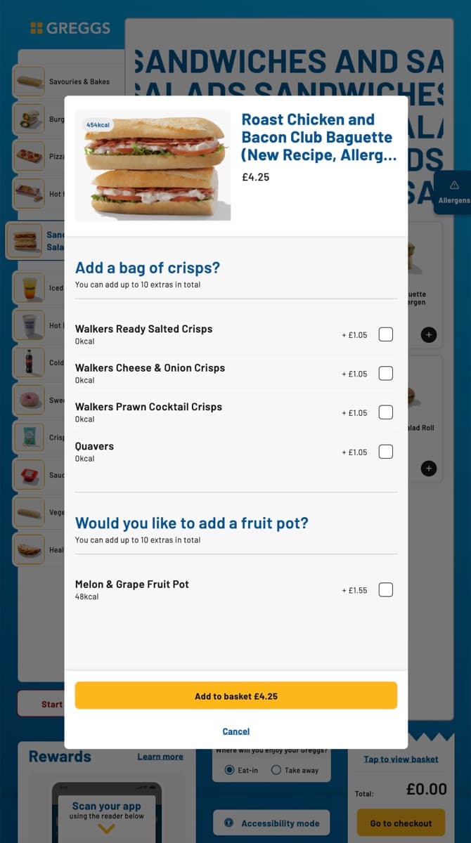 Item customisation screen for a Greggs product