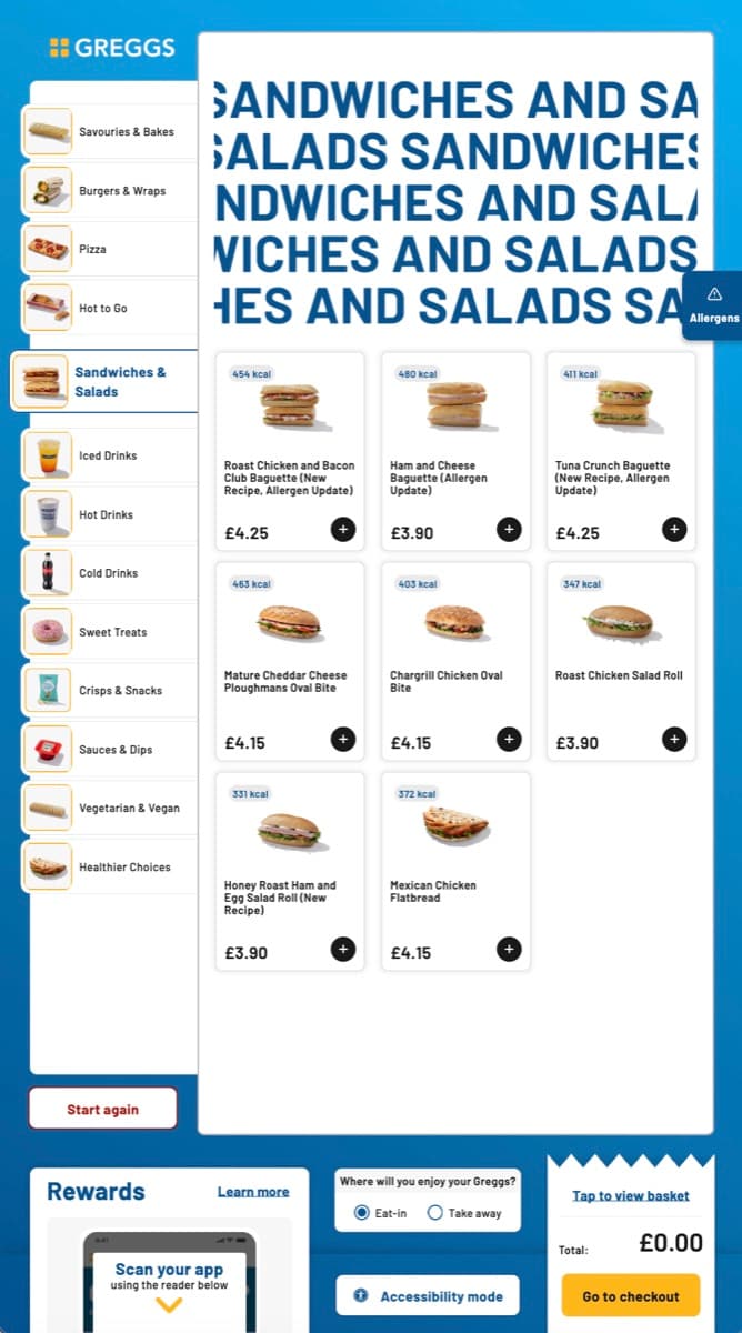 Menu screen with category rail on the left and a grid of sandwiches showing prices and calorie counts