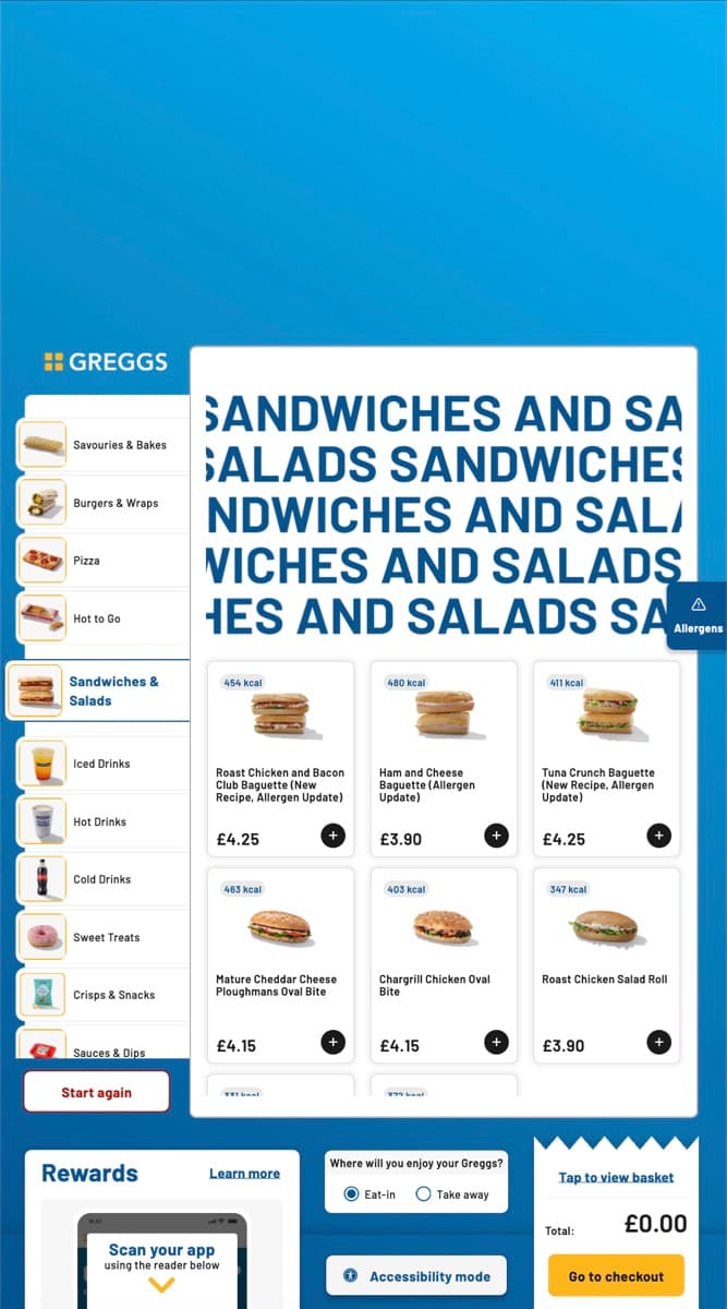 The same menu screen in accessibility mode, with all content moved into the lower portion of the display