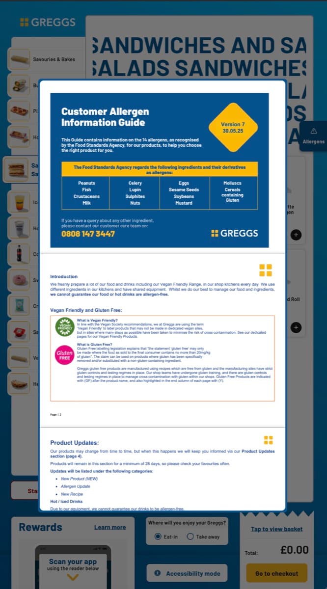 Nutrition and allergen information screen for a menu item