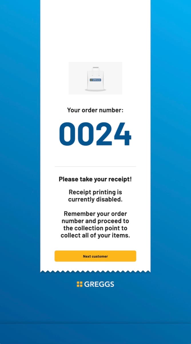 Order confirmation screen displaying the customer's order number
