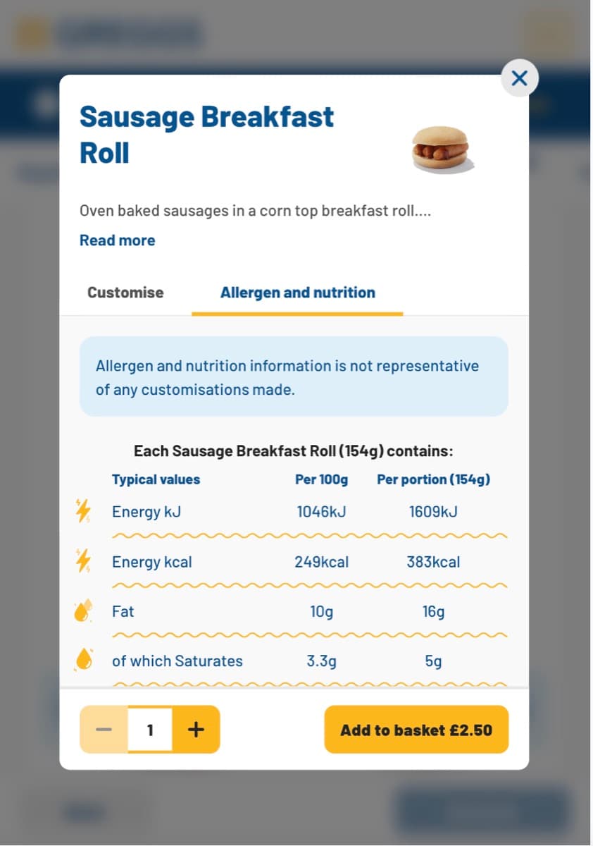 Allergen and nutrition information page on the Greggs website