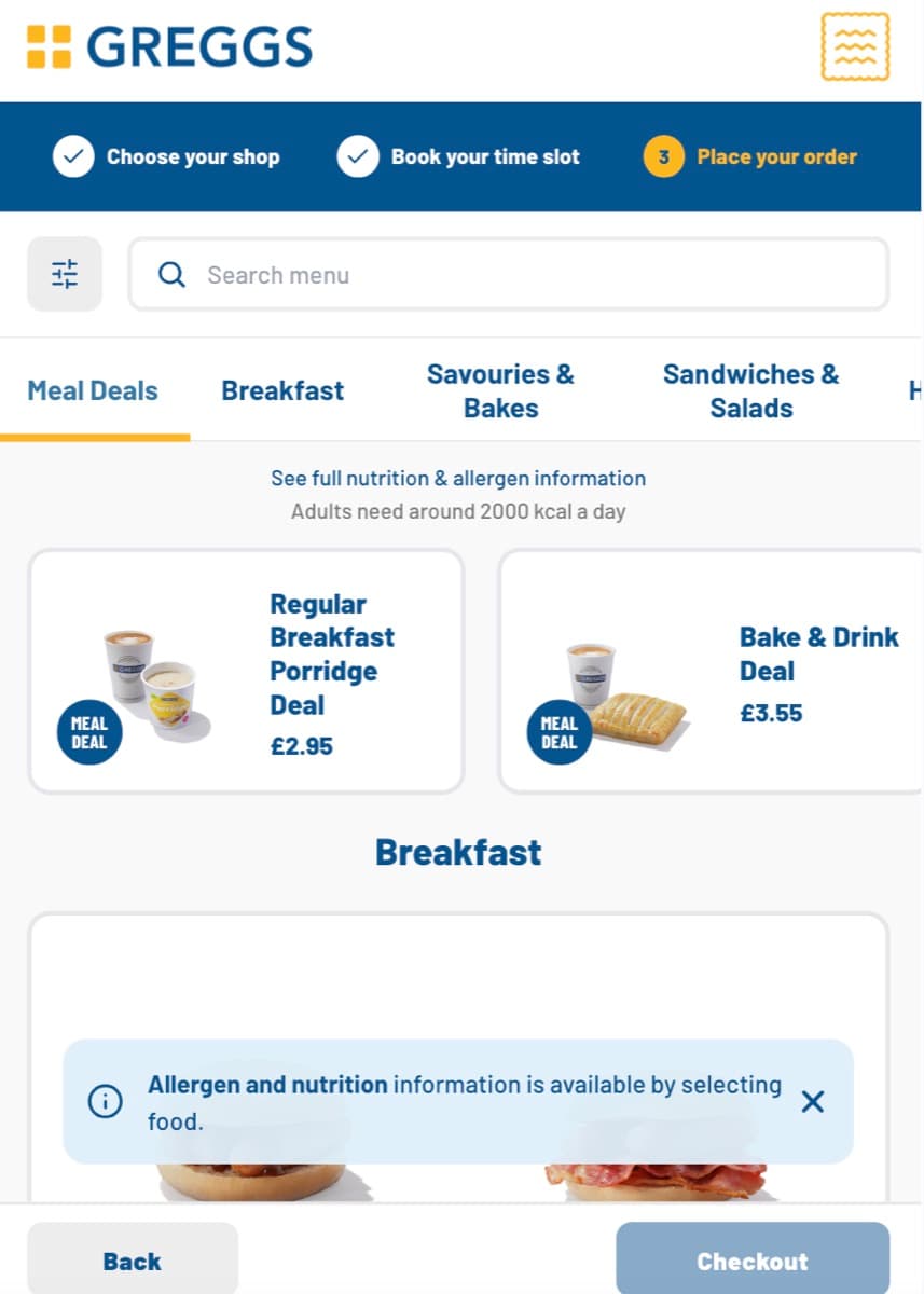 Click & Collect ordering journey on the Greggs website