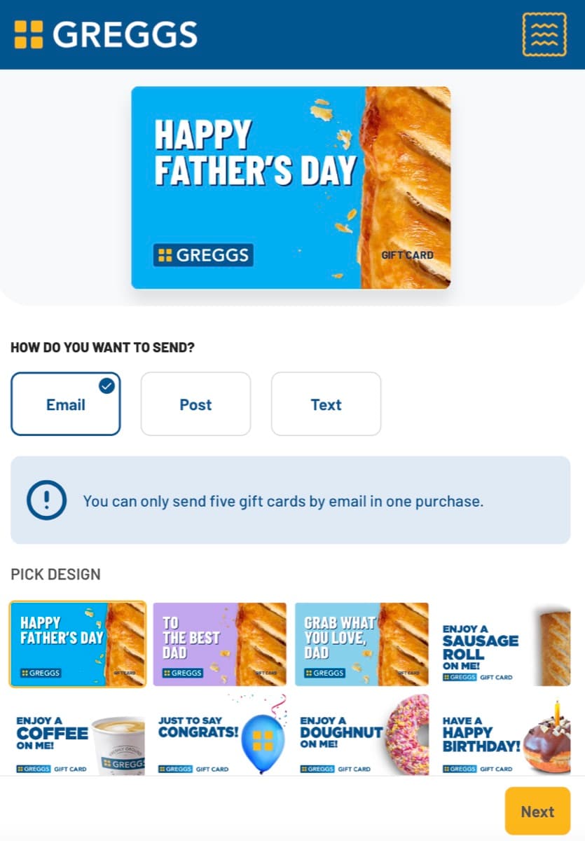 Digital gift card purchase journey on the Greggs website