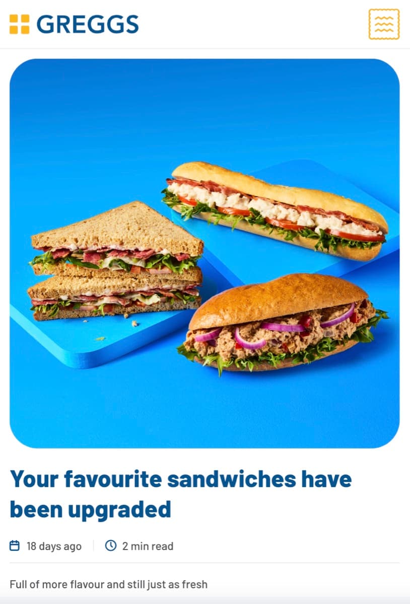 News section of the Greggs website showing a paginated article list