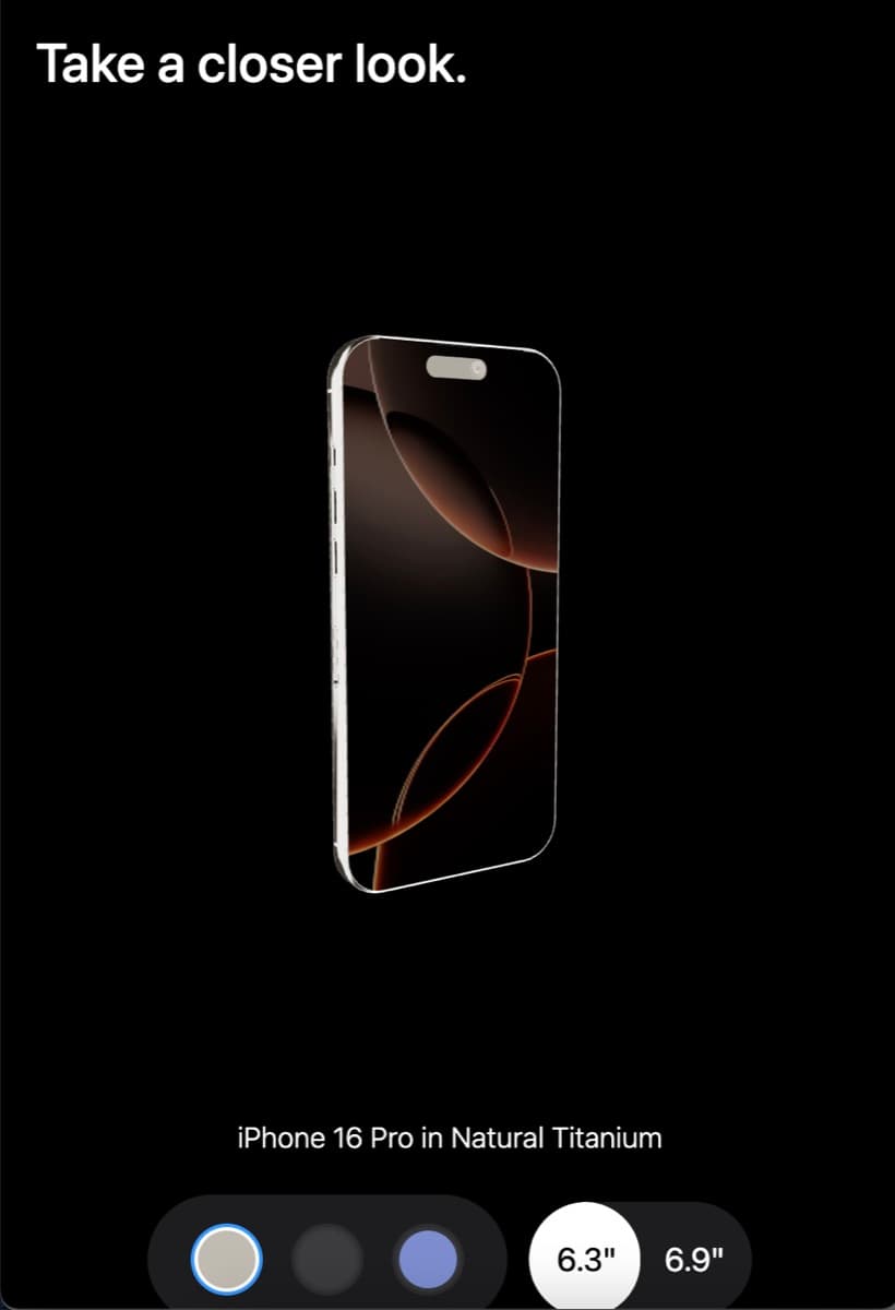 'Take a closer look' section showing the iPhone 16 Pro in Natural Titanium with colour swatches and 6.3 inch and 6.9 inch size options