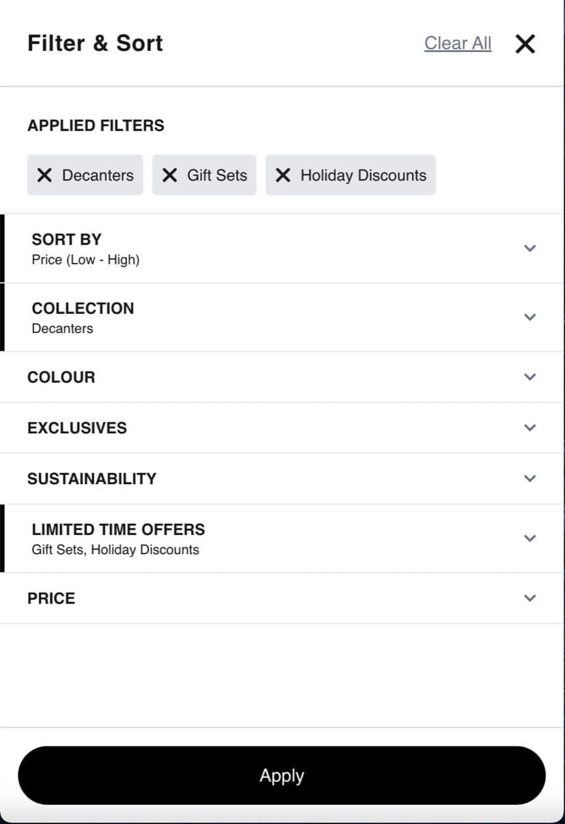 Filter and sort controls on the catalogue